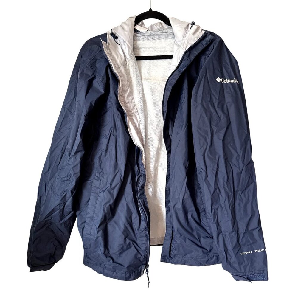 Columbia Mens Omni-Tech Navy Blue Hooded Waterproof Rain Jacket L